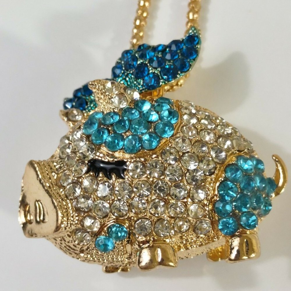 Flying Pig  aqua blue  rhinestone necklace 28-30 inches gold tone